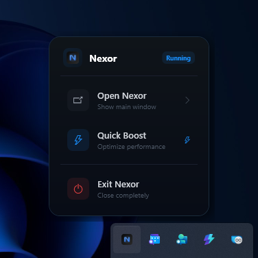 System tray popup with Open Nexor, Quick Boost, and Exit Nexor actions