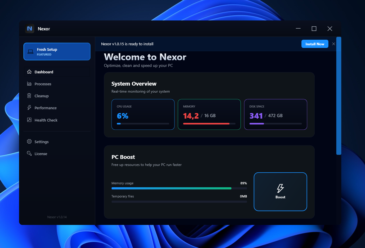 Dashboard with 'Nexor v1.0.15 is ready to install' banner and Install Now button