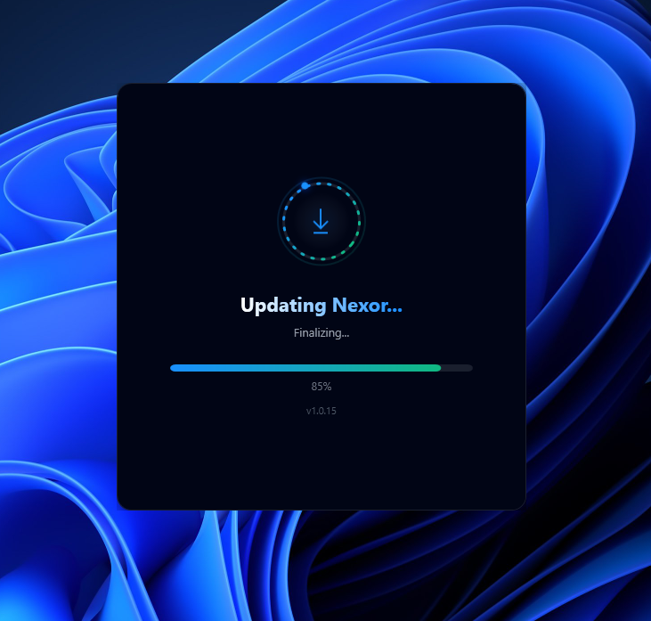 Download window showing Updating Nexor progress at 85%