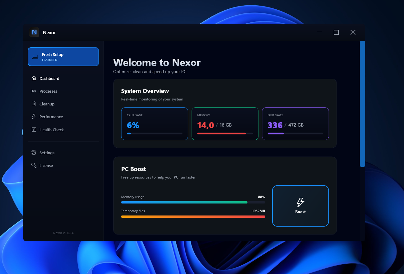 Nexor Optimizer main dashboard — real-time CPU, memory, and disk monitoring with PC Boost